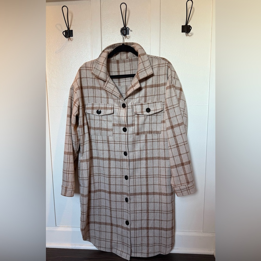 Women's Lapel Button Down Long Sleeve Plaid Long Shirt Shacket Coat Size Large